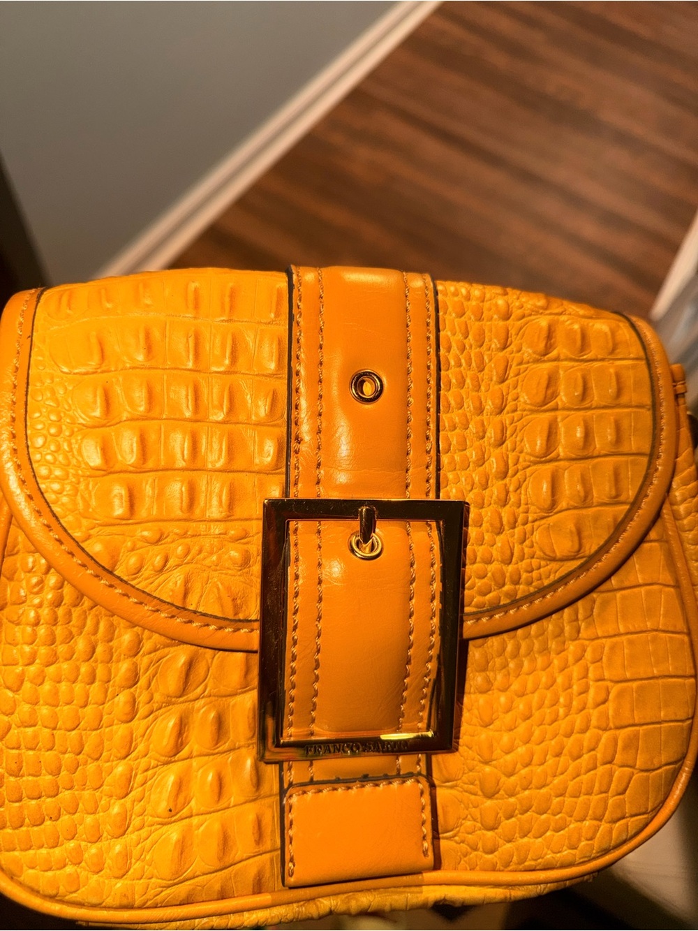 Franco Sarto Yellow Croc-Embossed Crossbody Bag with Gold Buckle
